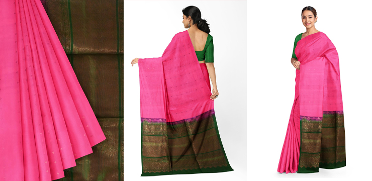 Magenta Handwoven Chanderi Silk Saree With Lavender Resham Border – Diva